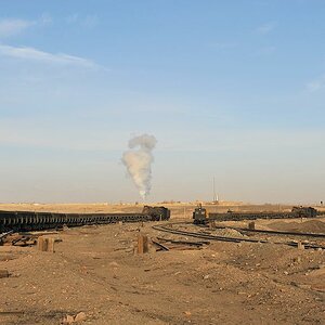 Es gibt 9 Gleise auf die Halde.
Zwei Leerzüge fahren zurück in den Tagebau,
während im Hintergrund ein beladener Zug auf die Halde fährt.
(9508)