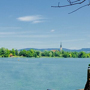 Chamer Kirche im Hintergrund, Bäume als Rahmen, aufgenommen vom Hünenberger Bootshafen