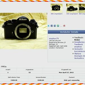Biete eine kaum genutzte Nikon FM3a.

Verkauf erfolgt wegen Nichtnutzung.
Orginalverpackung ist leider nicht mehr vorhanden, die Kamera befindet sich 