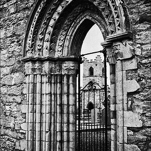 door and tower bw