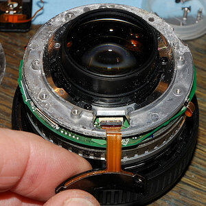 AF-S 50/1.4G mit Seewasserschaden:
Der verschmorte FPC-Stecker des Bajonett-Kontaktblocks