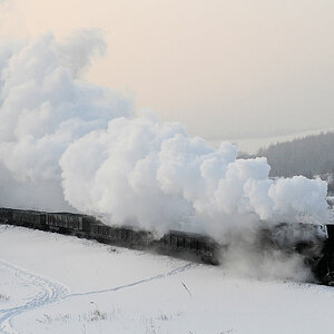 Waldbahn von Huanan.
Der Kohlezug muß bis über eine Steigung nachgeschoben werden.
Temperatur: -26 °C

(Kohlezug 7254)