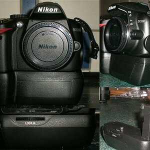 Batteriegriff Hähnel HN-D60 an Nikon D3000
(Fasst 2 Akkupacks oder 6 AA-Batterien/Akkus)
Unten rechts: "Verstaufach" für Batterieklappe