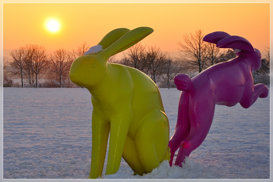 Hasen in Ostfildern im Abendlicht - Kunst? ;)
(mod: Schnee "verbessert")