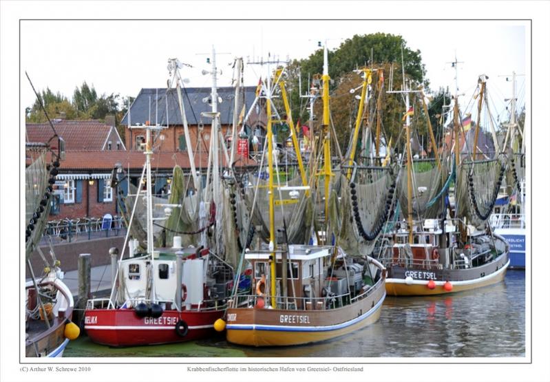 Krabbenfischerflotte im historischen Hafen von Greetsiel 800