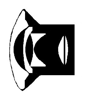 Linsenschnittbild des neuen fünflinsigen Fisheye-Vorsatzes:
Große gewölbte Streulinse vor der ursprünglichen Front-Streulinse, die an der Vorderseite 