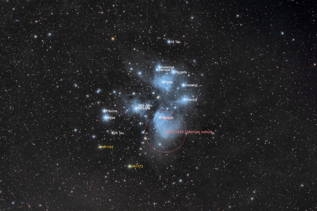 M45 Plejaden mit Sternbeschriftung