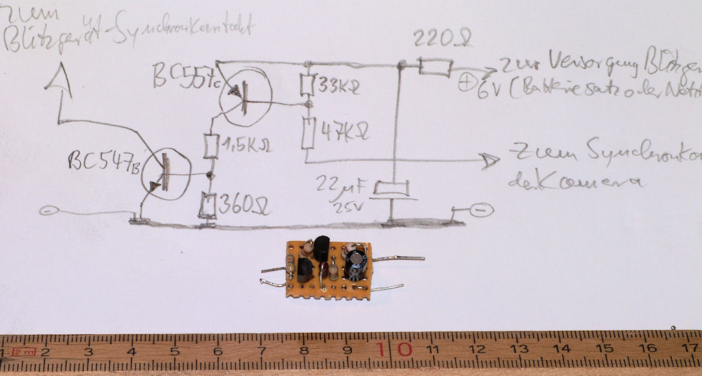 Schaltung um alte Blitzgeräte mit Zündspannung über 6 V an neuen Nikon Kameras ungefährdet zu betreiben:
Schaltungsentwurf und Prototyp