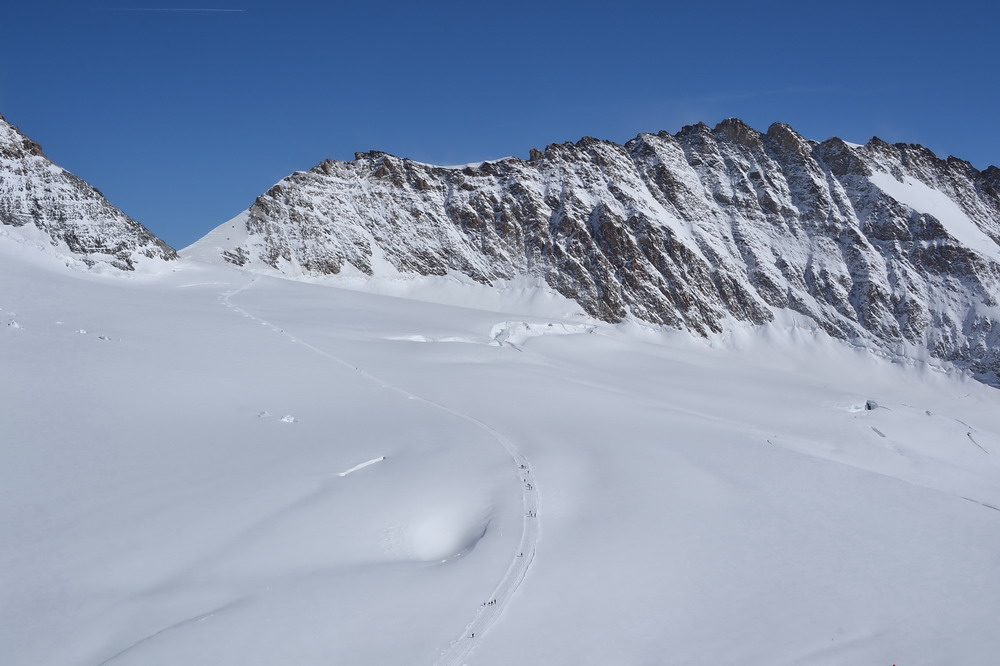 Schneewanderer auf dem Weg zur Mönchshütte   Trugbergkamm (3933m)