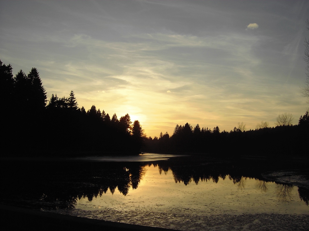 Sonnenuntergang am Waldsee. Ein kleiner See bei Lindenberg im Allgäu
