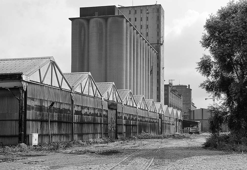 Wellblechhallen und Getreidesilos am alten Hafen von Antwerpen, bonnescape