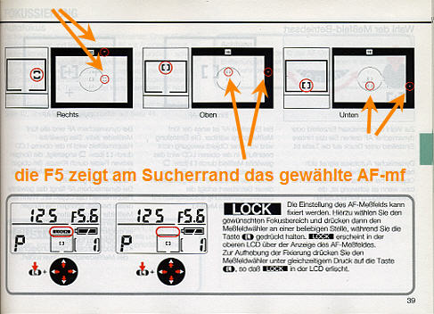 Zusätzlich optische Anzeige per roter LED in der F5, die Aufschluss ueber das angewaehlte AF-Messfeld gibt. Scan aus der Bedienungsanleitung der F5.