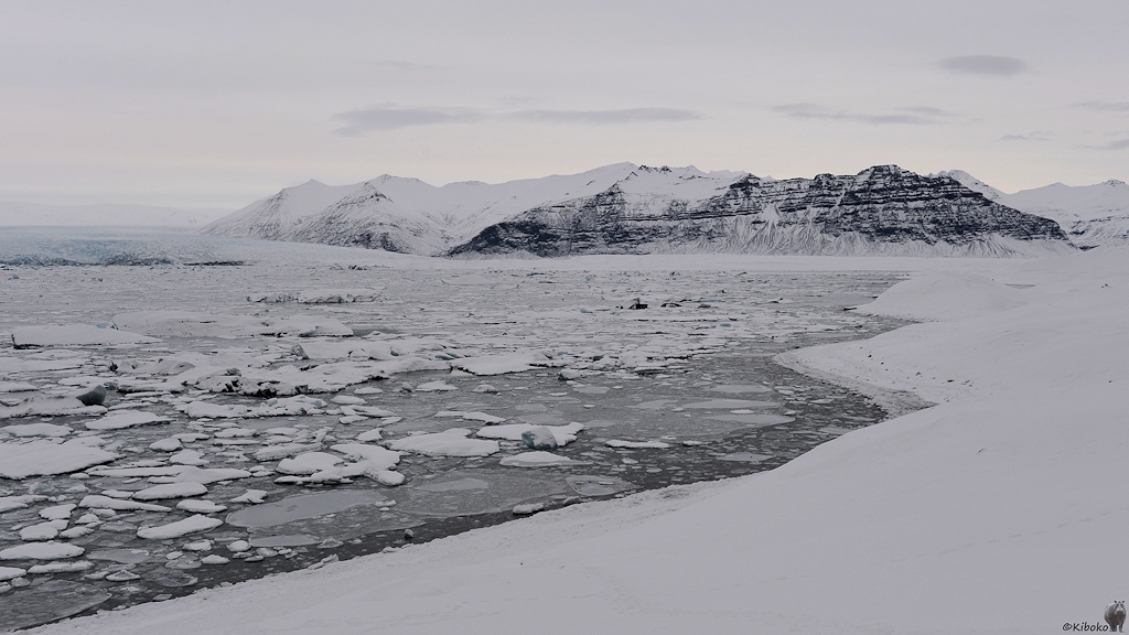 Das Bild zeigt einen Teil eines Sees. Das Ufer am rechten Rand ist verschneit. Auf dem grauen Wasser des Sees schwimmen dicke, schneebedeckte Eisschollen die mit dünnem Eis verbunden sind. Im Hintergrund am linken Bildrand ist eine hellblaue Gletscherzunge. Daneben sind Berge.