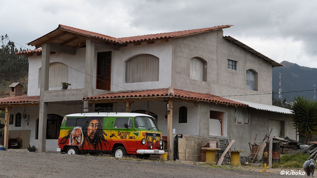 Das Bild zeigt alten grün-gelb-roten VW-Bus mit weißem Dach. Auf der Seite sind die Porträt eines Rastamannes und eines Pumas. Auf der Beifahrertür steht Satisfy your Soul. Auf der Front steht One Love. Das Fahrzeug steht vor einem noch nicht ganz fertiggestellten Haus.