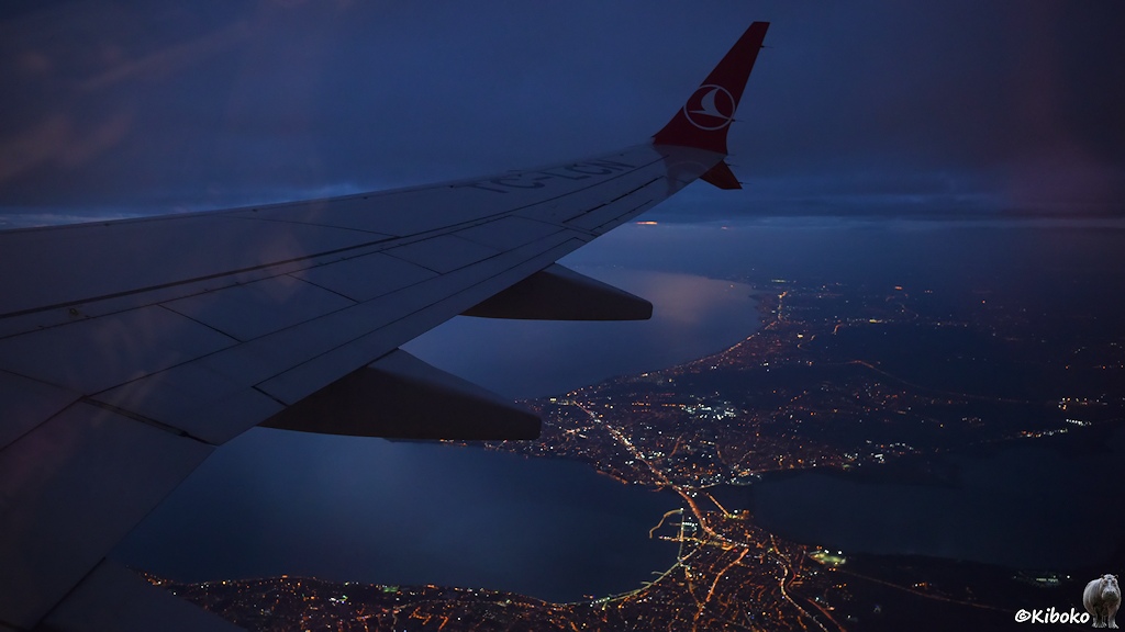 Das Bild zeigt den Blick aus dem Flugzeugfenster auf die rechte Tragfläche zur Blauen Stunde. Das Flugzeug ist über einer Küste. An der Küste ist eine beleuchtete Stadt. Unten sind zwei Stadtteile durch eine Brücke verbunden.