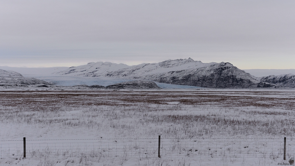 Das Bild zeigt eine Landschaftsaufnahme einer weiten, verschneiten Grasebene. Dahinter ist ein Gebirgszug mit einem Gletscher aus hellblauem Eis. Ein Berg teilt den Gletscherfluss. Im Vordergrund ist ein Weidezaun.