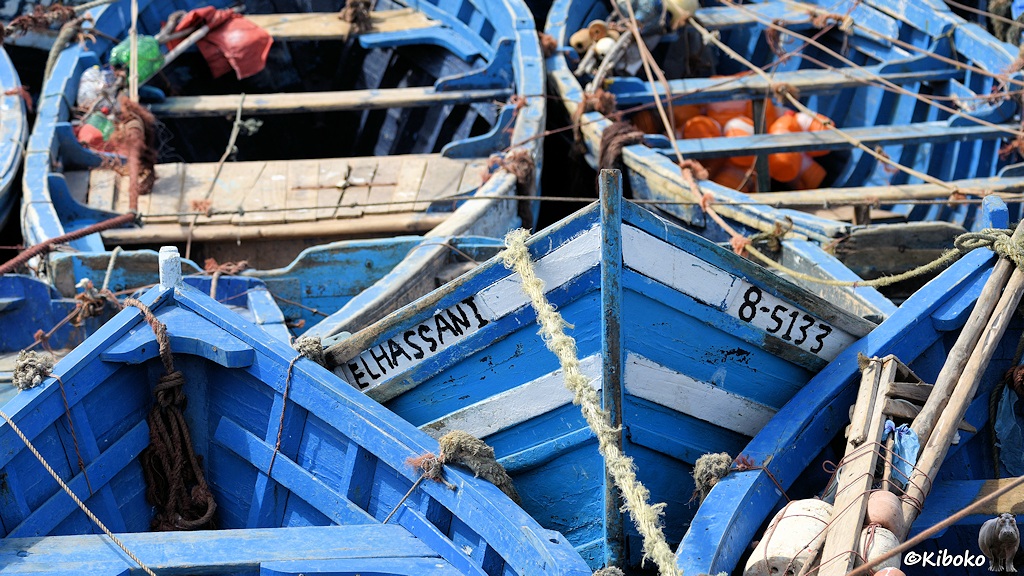 Das Bild zeigt eine Detailaufnahme der Bugspitze eines hellblauen Fischerbootes im Hafen. Das Boot hat zwei weiße Zierstreifen am Bug und die Anschriften: ELHASSAN I und 8-5133. Das Boot ist dicht umringt von weiteren Booten.