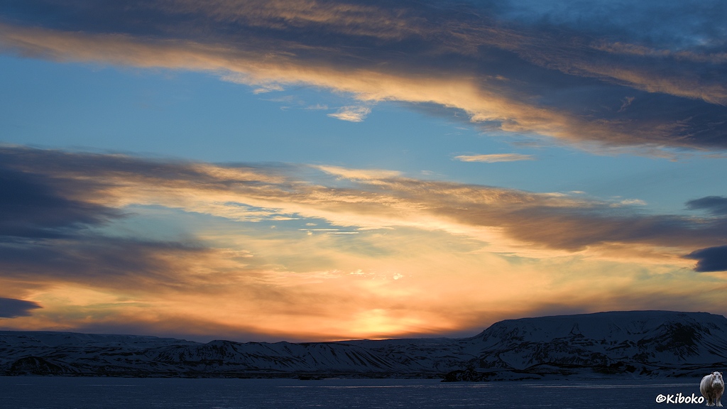 Sonnenaufgang hinter Schleierwolken über einem vereisten See. Das Bild ist bewusst unterbelichtet. Daher werden die Wolken vom orangenen Licht angestrahlt.