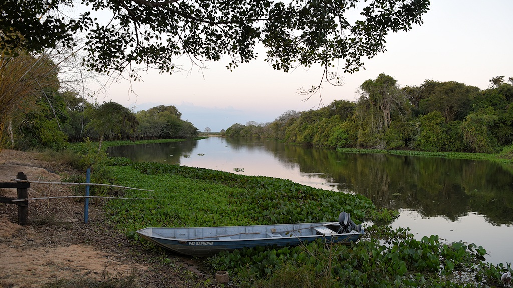 Kleines Motorboot liegt am abendlichen Fluss.
