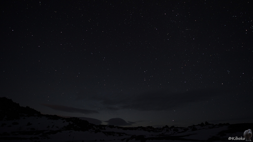 Sehr dunkles Bild mit Sternenhimmel. Die schwarze Landschaftskontur am unteren Bildrand ist kaum zu erkennen. Am Horizont ist es ein wenig heller.