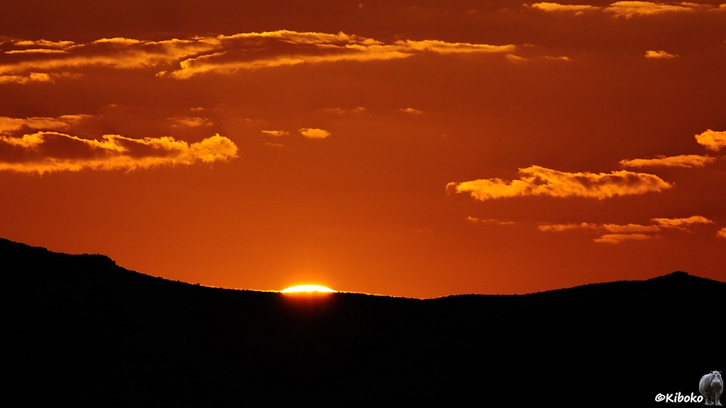 Der Rand der Sonne steigt über eine schwarze Hügelkette. Der Himmel ist orange. Einzelne kleine Wolken werden von unten angestrahlt.