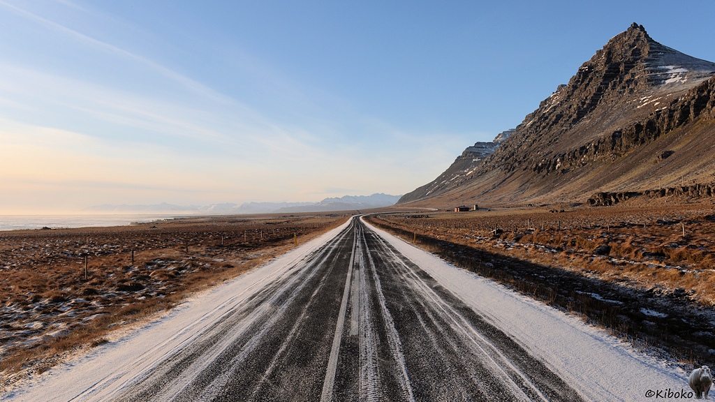 Eine teilweise schneebedeckte Teerstraße führt gerade ins Bild. Daneben sind gelbbraune Wiesen im Licht der tiefstehenden Sonne. Am linken Bildrand ist das Meer. Am rechten Rand ist ein Berg mit schroffen Felsen.