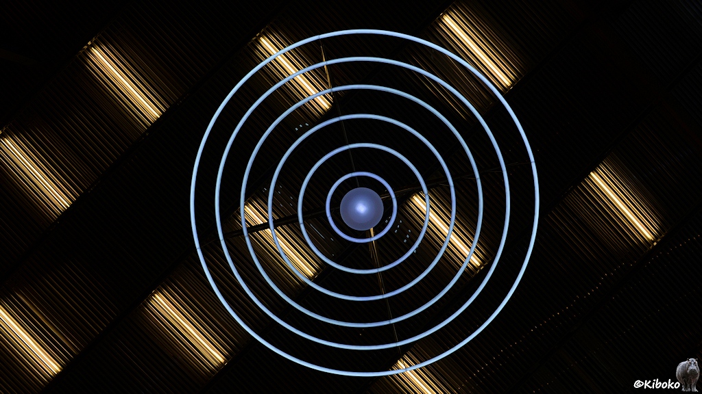 Deckenleuchte mit blauen Ringen und weißen Balken