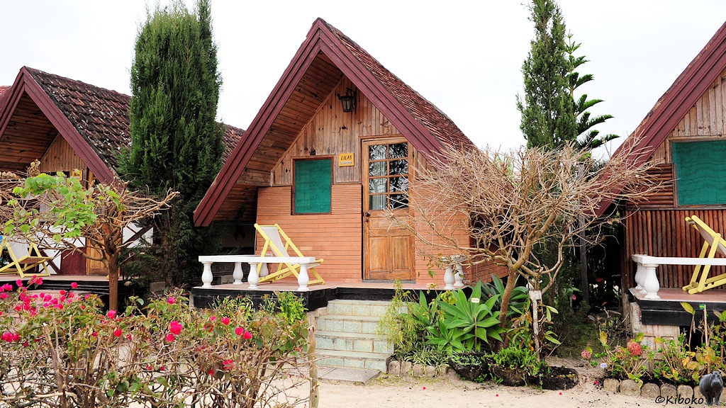 Das Bild zeigt eine Reihe von kleinen Holzhäusern. Eine Steintreppe führt zum Haus. Auf der kleinen Veranda steht ein faltbarer Liegesessel.