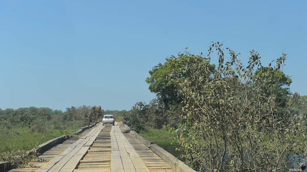Weißer PKW fährt über eine längere Holzbrücke