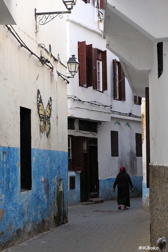 Das Bild zeigt eine Hochformataufnahme einer Gasse. Im Ergegeschoss sind die Häuser im unteren Bereich hellblau gestrichen. Darüber sind sie weiß. Die Gasse ist mit grauen Platten gepflastert. Eine Frau im schwarzen Kleid mit roten Kopftuch läuft in die Gasse.