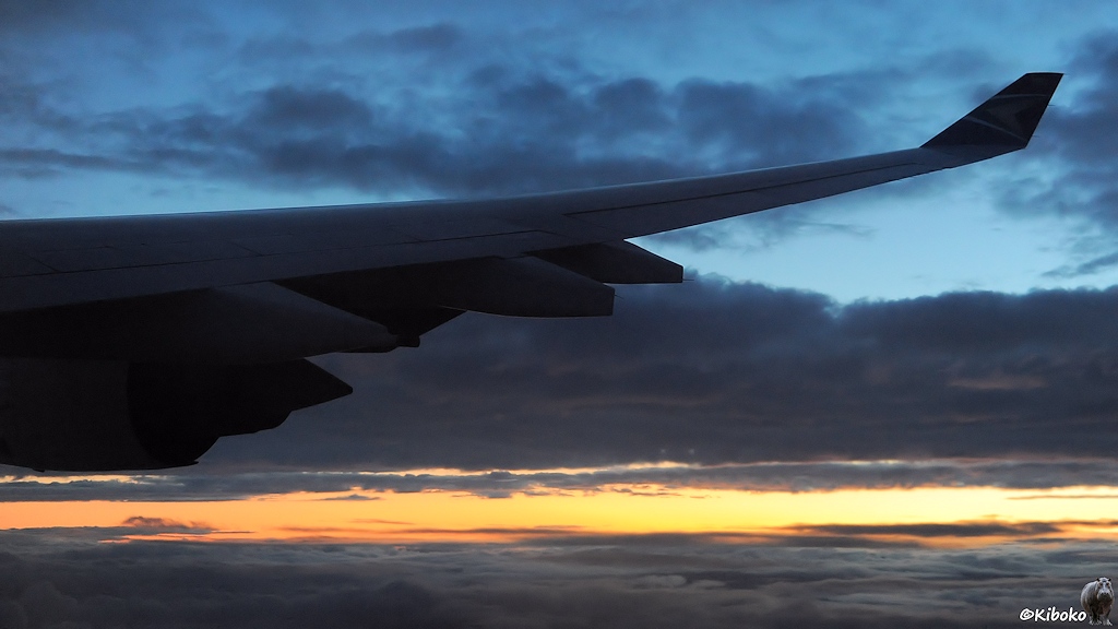 Blick aus dem Flieger auf die rechte Tragfläche, Wolken und orangenen Streifen am Himmel