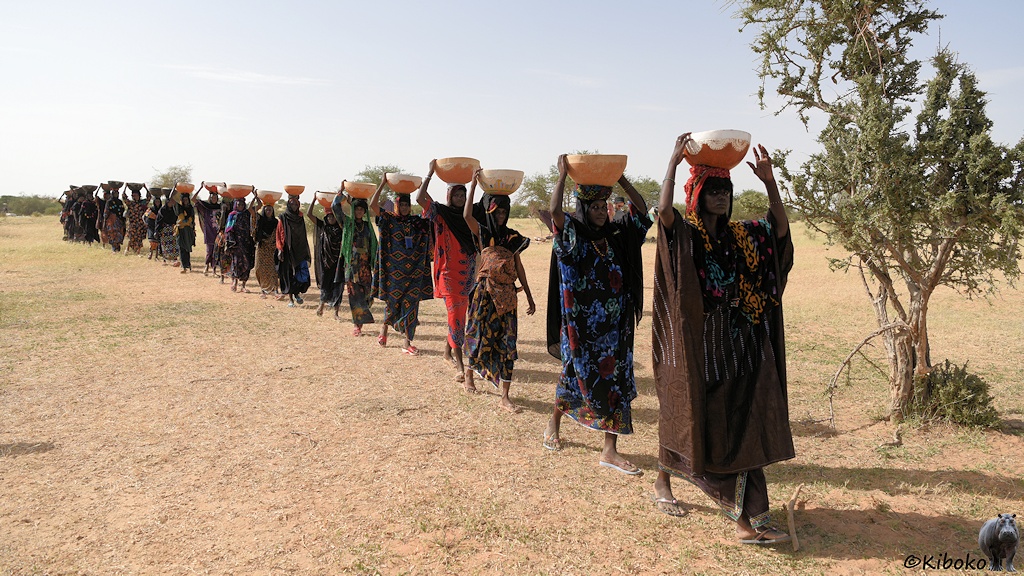 Das Bild zeigt eine Reihe von über 20 Frauen, die im Gänsemarsch über eine trockene Ebene laufen. Sie tragen dunkle, gemusterte lange Kleider und Kopftücher. Auf den Köpfen tragen sie große hellbraune und schwarze Schüsseln auf dem Kopf. Mit der rechten Hand wird die Schüssel festgehalten.