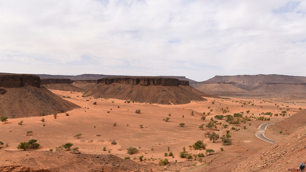Das Bild zeigt ein trockenes Tal mit blassen lachsfarbenen Sand. Es ist von dunklen Bergen umgeben. Am rechten Bildrand verläuft ein Stück der Teerstraße am Hang.