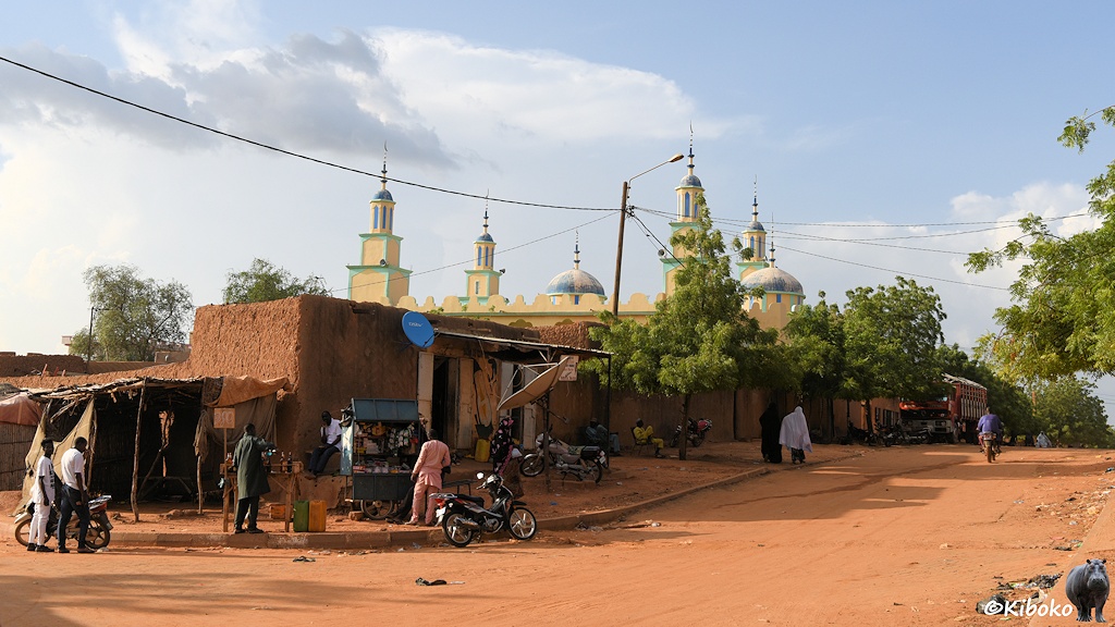 Das Bild zeigt eine beigefarbene Moschee mit Minaretten an den Ecken und zwei halbrunden Türmen. Die Moschee steht hinter Lehmmauern und einstöckigen Lehmgebäuden an einer vermüllten Straße aus rötlichem Sand.