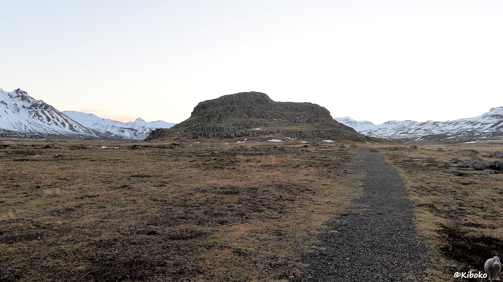 In einem Tal aus gelbem Gras liegt eine graue Felsformation. Ein Schotterweg führt auf dem Felsen zu. Im Hintergrund sind schneebedeckte Berge.