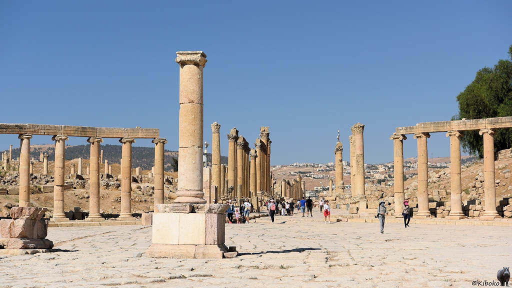 Säulengefasster ovalter Platz mit zentraler Säule