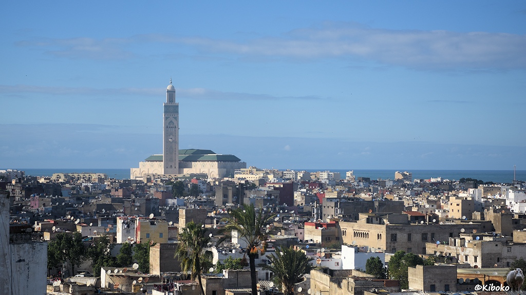 Das Bild einen Blick aus einem hohen Haus auf eine Stadt mit Flachdachhäusern. Im Hintergrund überragt die Stadt ein großes, rechteckiges Gebäude mit einem rechteckigen hohen Turm. Dahinter ist das Meer.