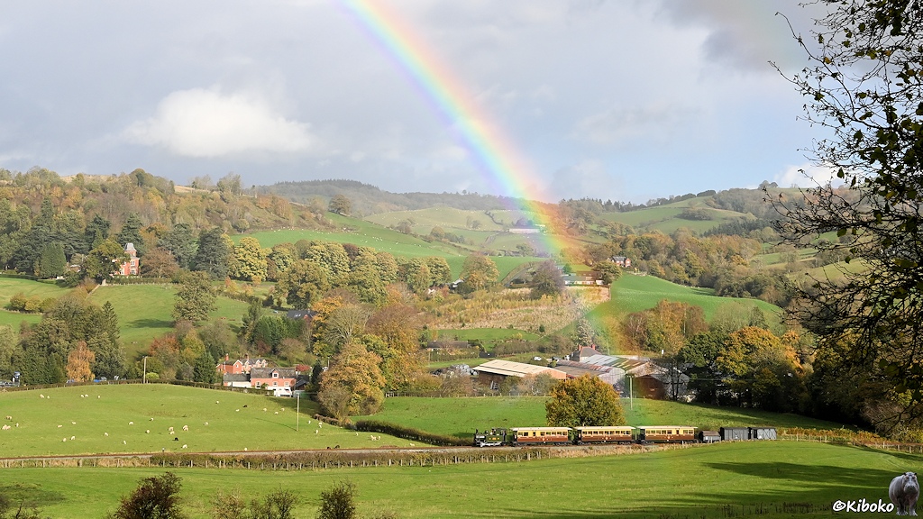 Das Bild zeigt eine Landschaftsaufnahme mit einem Dampfzug mit drei Personenwagen und drei Güterwagen von der Seite. Im Hintergrund ist ein Berghang mit grünen Wiesen, herbstlichen Laubbäumen und vereinzelten Häusern. Ein Ausschnitt eines Regenbogens trifft den dritten Personenwagen.