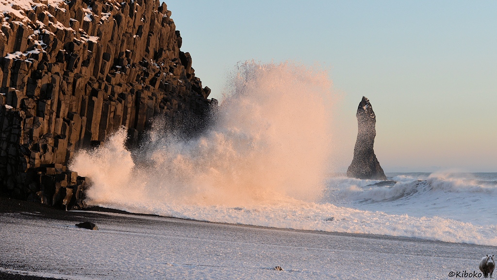 Das Bild zeigt eine Detailaufnahme von einer Welle, die auf einen Fels aus Basaltsäulen trifft. Das aufspritzende Wasser leuchtet leicht rosa durch die tiefstehende Sonne.