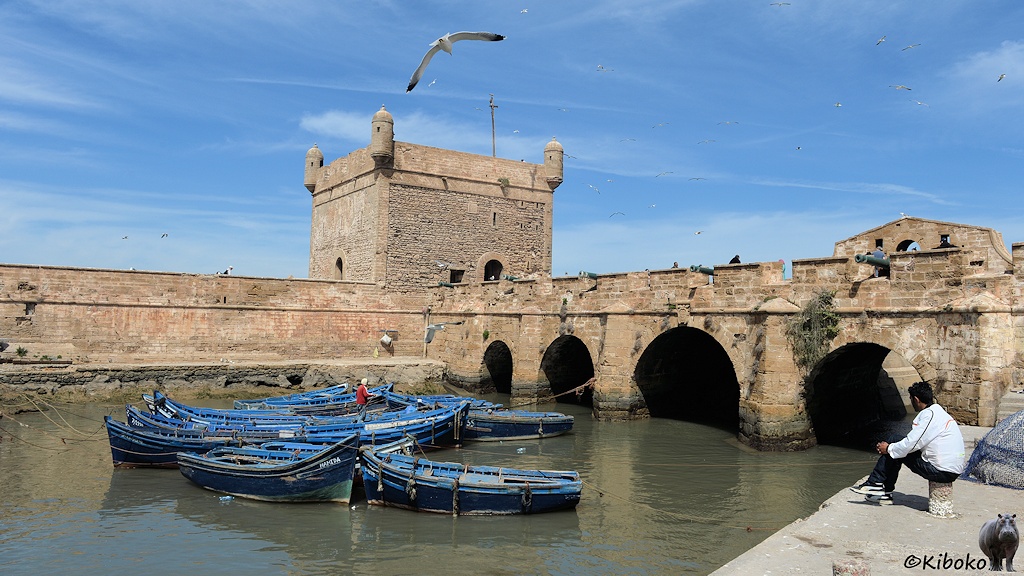 Das Bild zeigt ein kleines viereckiges Hafenbecken, indem ca. 20 kleine blaue Fischerboote schwimmen. Das Becken ist von einer hohen Sandsteinmauer umgeben. Rechts sind vier Durchlässe in der Mauer. Auf der Mauer stehen alte Kanonen. An der hinteren Ecke ist ein viereckiger Turm. Am rechten Bildrand sitzt ein Mann mit weißer Jacke und schwarzer Hose auf einem Poller an der Kaimauer.