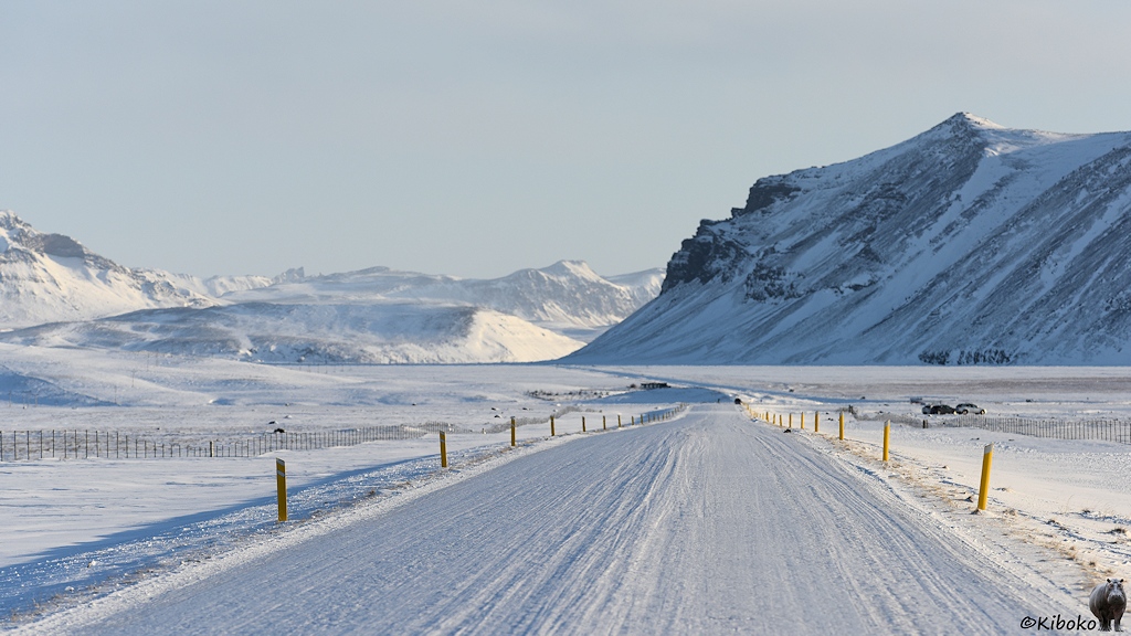 Das Bild zeigt eine schneebededeckte Straße in einer Schneelandschaft. Die Straße führt in ein Tal.