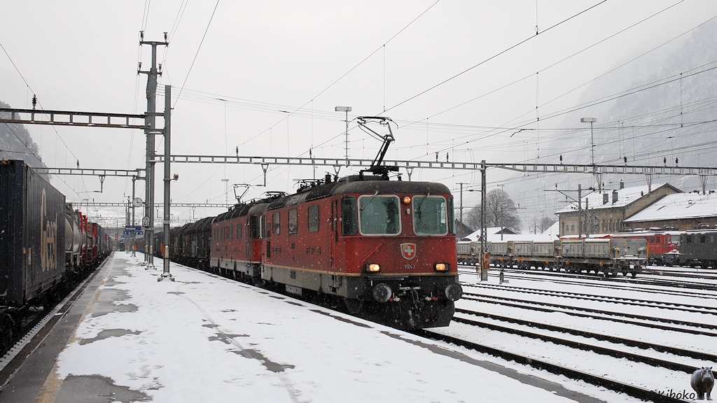 Das Bild zeigt zwei rote Elektrolokomotiven vor einem Güterzug aus Teleskophaubenwagen bei der Fahrt durch einen verschneiten Bahnhof.