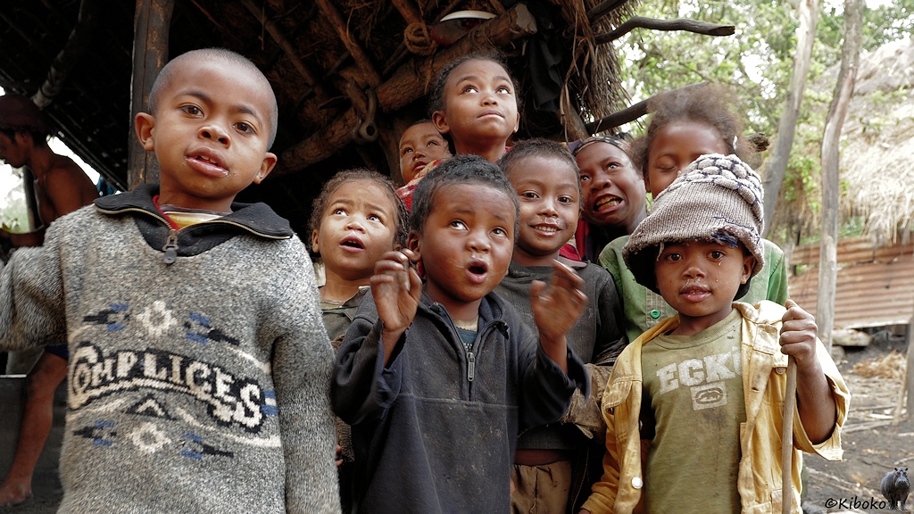 Das Bild zeigt 9 Kinder, die in die Kamera schauen und teilweise Grimassen schneiden.