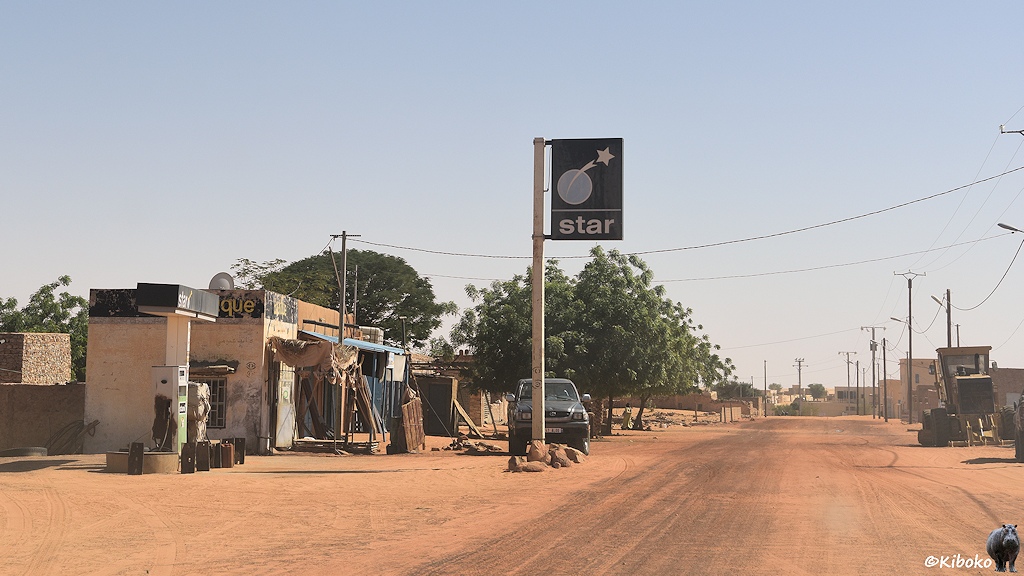 Das Bild zeigt eine gerade Schotterstraße die mit rötlichen Sandbedeckt ist. Am linken Bildrand ist eine Tankstelle mit einer Zapfsäule. Am Straßenrand steht ein Tanktsellenschild mit einem Planeten und einer Sternschnuppe und der Afuschrift: Star. Am rechten Bildrand sind hohe Mauern und das Wrack einer gelben Baumaschine.