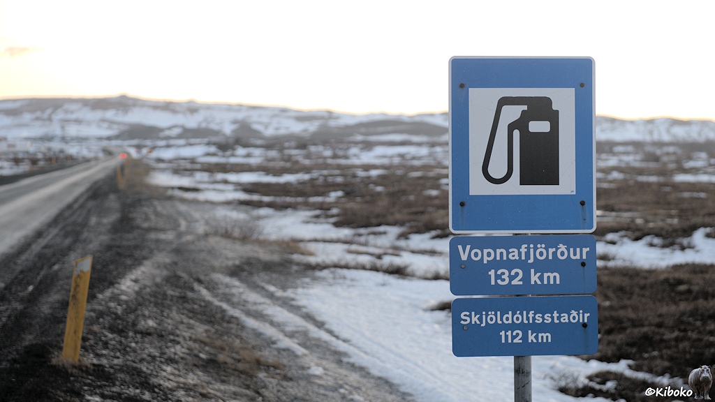 Neben der Straße steht ein blaues Schild mit weißem Feld mit einer schwarzen Zapfsäule. Darunter sind zwei blaue Zusatzschilder mit den Aufschriften Vapnafjörður 132km und Skjöldólfsstaðir 112km.