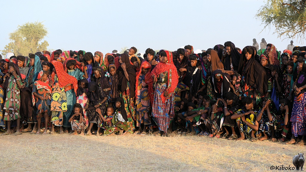 Das Bild zeigt Frauen in mehreren Reihen stehend und hockend auf einer vertrockneten Wiese im Abendlich. Sie tragen lange Gewänder in dunklen Farben und auffälligen Mustern. Schwarz dominiert. Alle tragen ein Kopftuch. Ein paar Frauen trage es in Rot.