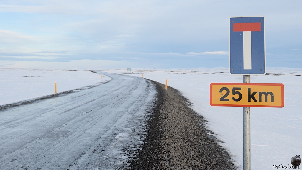 An einer vereisten Straße steht ein Schild Sackgasse mit dem Zusatz 25 km.