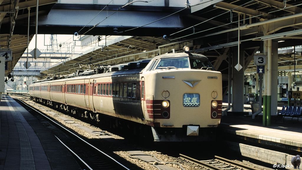 Fernverkehrstriebwagen in klassischer Lackierung, beigebraun mit rotem Fensterband, steht am Bahnsteig