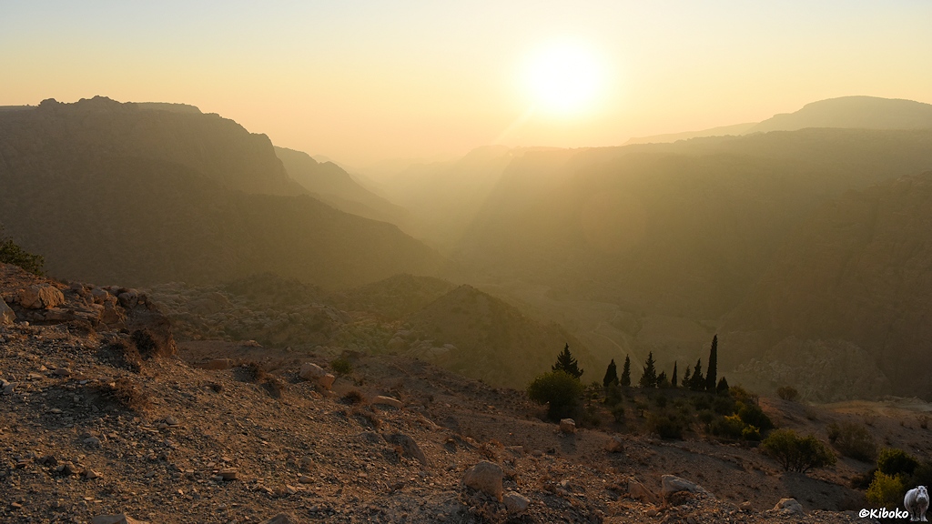 Tiefstehende Sonne über einer Schlucht