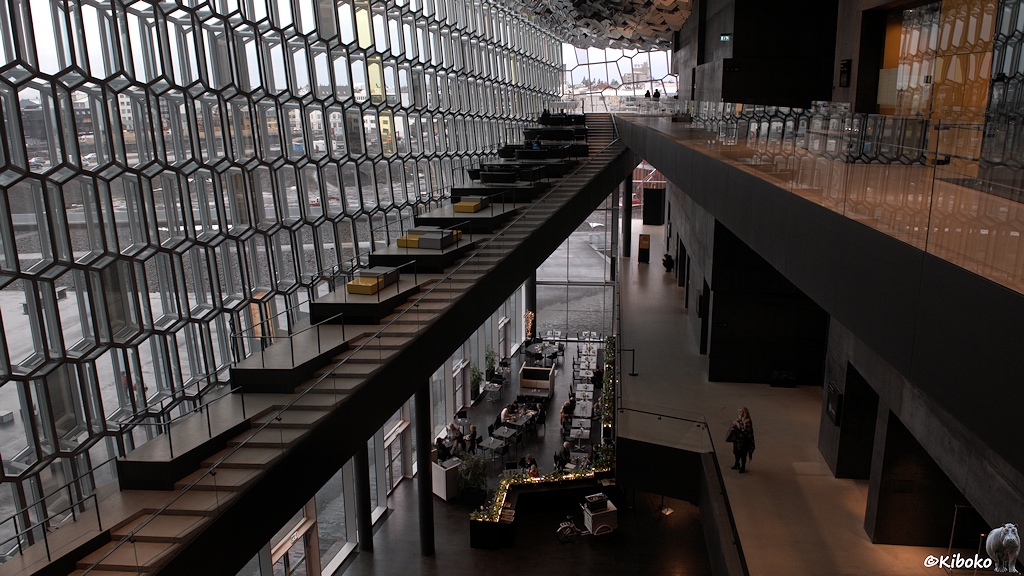 Innenansicht in einem Gebäude. Blick von der obersten Ebene auf eine sanft ansteigende Treppe an einer Glasfront. Zwei ebenen Tiefer sind die Tische eines Cafés.